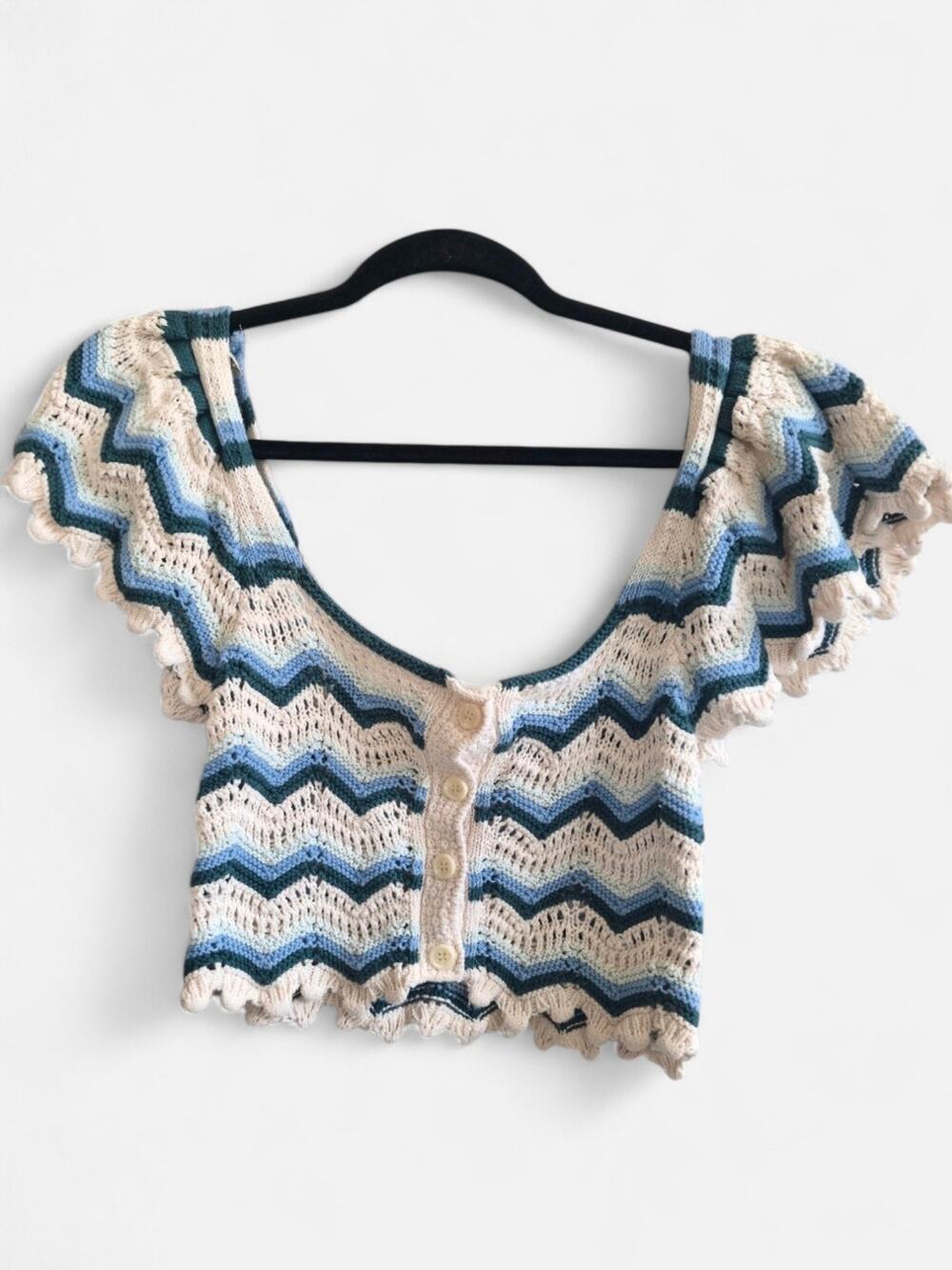 Zara Boho Blue And Cream Striped Crochet Knit Button Up Crop Top
